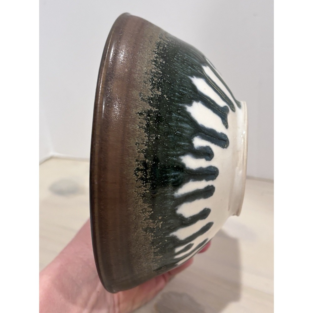 Signed Studio Art Pottery Bowl Bronze Blue Drip Glaze‎ 7" Diameter
